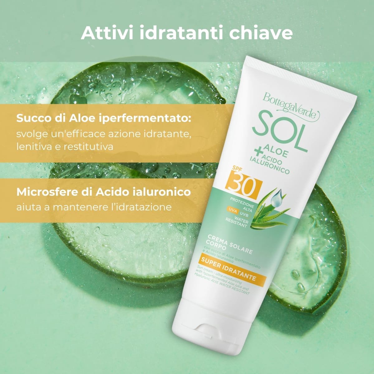 SOL Aloe Acido Ialuronico - Crema solare - super idratante - con succo di Aloe iperfermentato e Acido Ialuronico - protezione alta SPF30 - water resistant