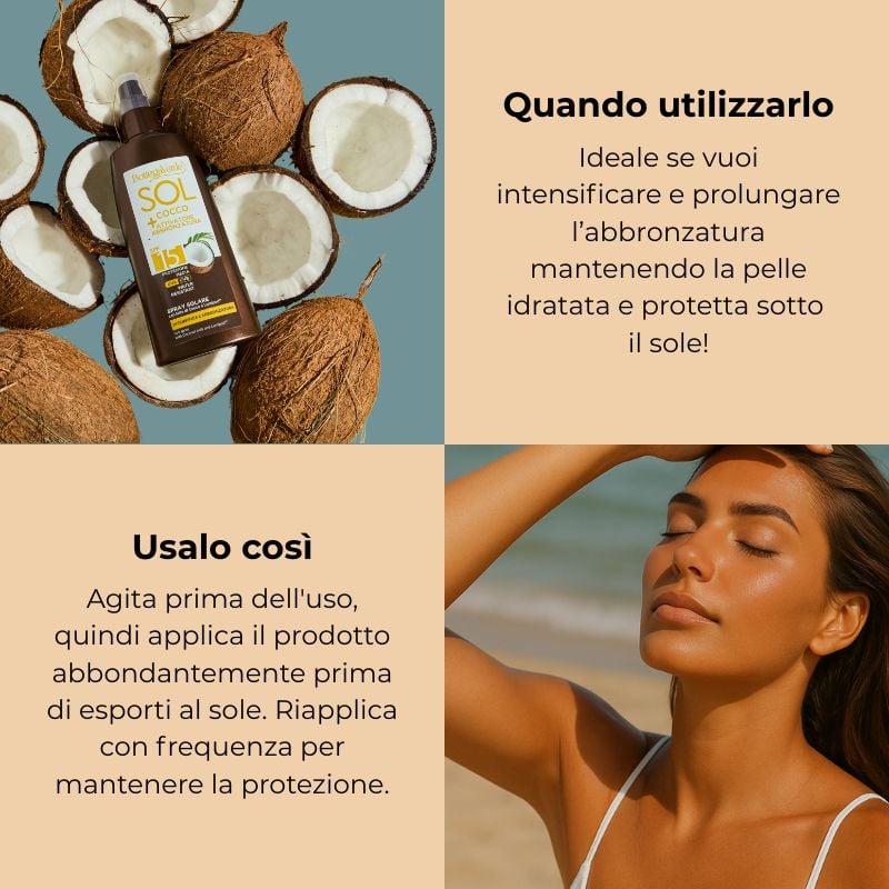 SOL Cocco + Attivatore di abbronzatura - Spray solare - intensifica l'abbronzatura - con latte di Cocco e Lumipod<TM/> - water resistant - protezione media SPF15