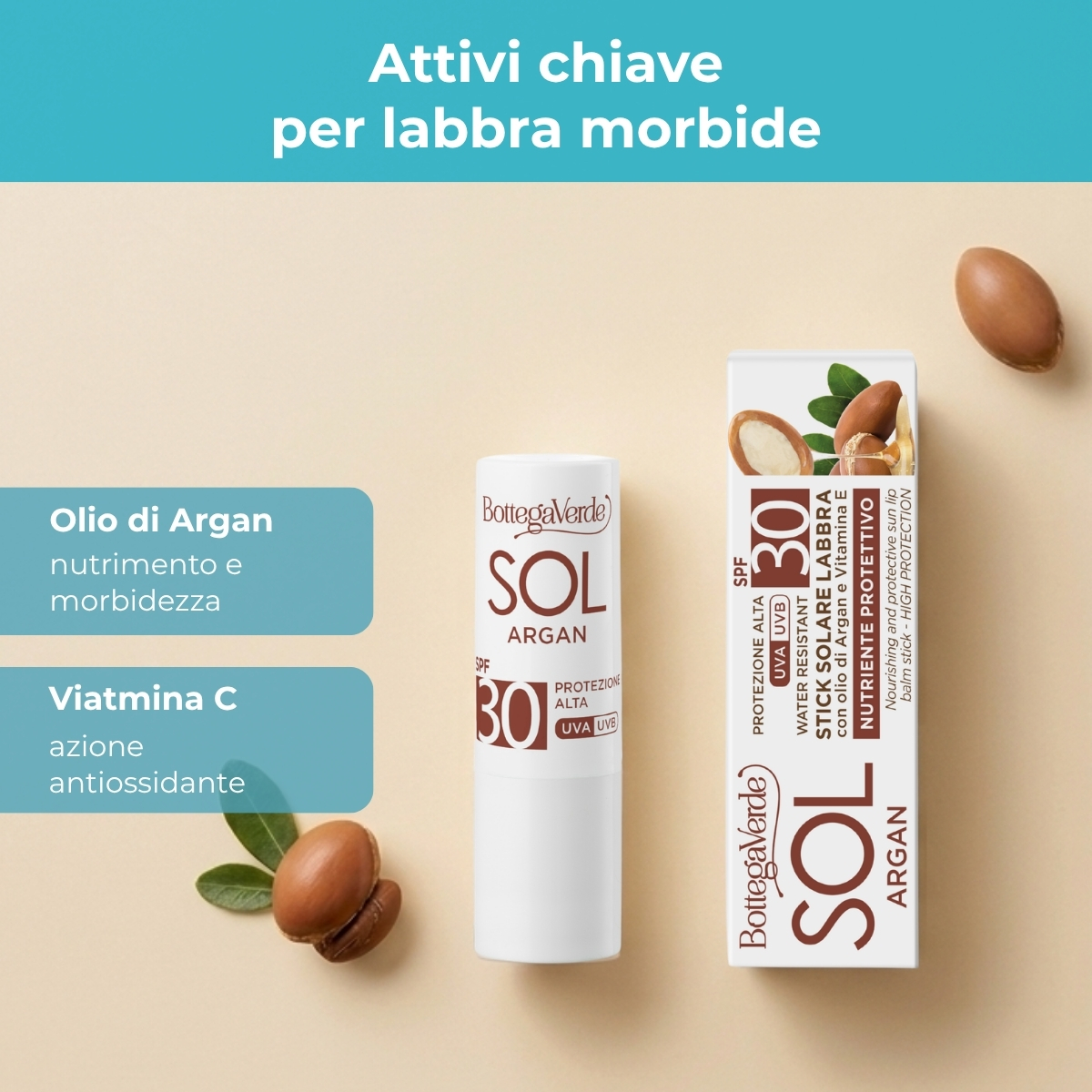 SOL Argan - Stick solare labbra  - nutre e protegge  - con olio di Argan e Vitamina E - protezione alta SPF30 - water resistant