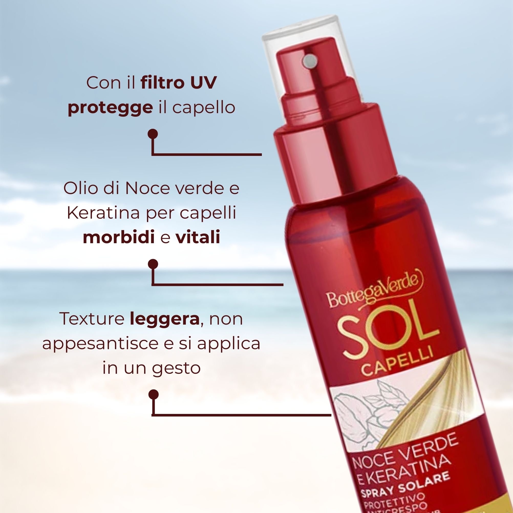 Sol Capelli - Noce verde e Keratina - Spray solare - protettivo anti-crespo - con olio di Noce verde e Keratina - con filtro UVA/UVB - capelli stressati da sole, mare e cloro