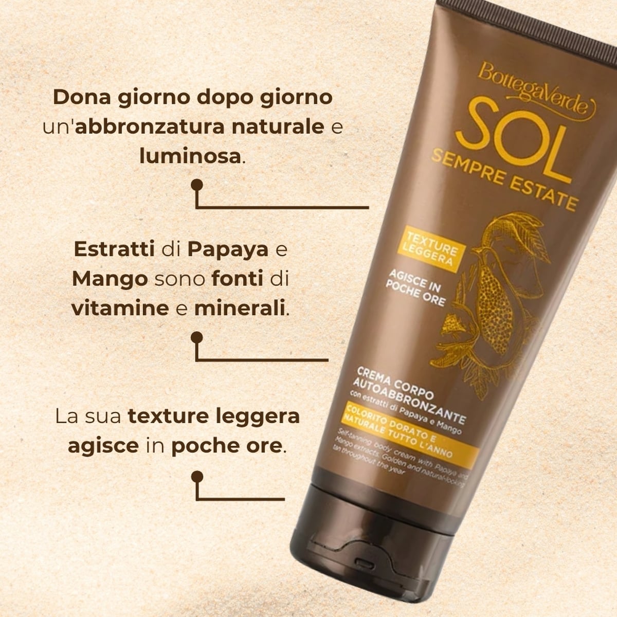 SOL Sempre Estate - Crema corpo autoabbronzante con estratti di Papaya e Mango - colorito dorato e naturale tutto l'anno