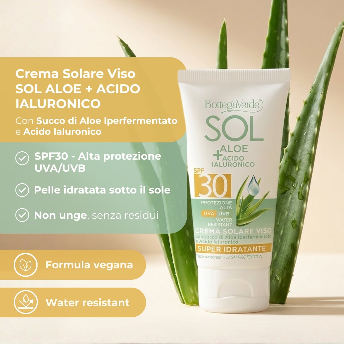 SOL Aloe Acido Ialuronico - Crema solare viso - super idratante - con succo di Aloe iperfermentato e Acido Ialuronico - protezione alta SPF30 - water resistant