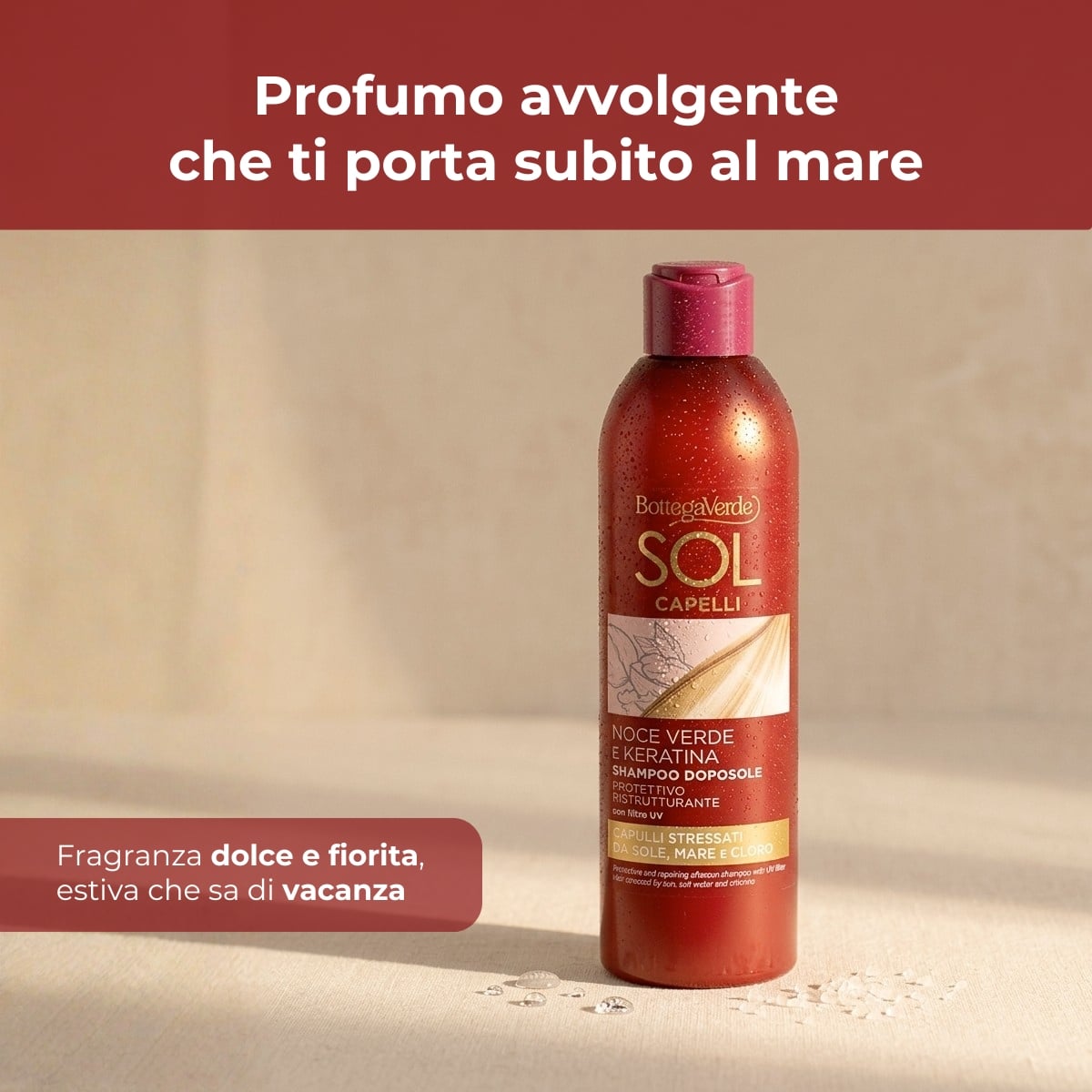 Sol Capelli - Noce verde e Keratina - Shampoo doposole - protettivo ristrutturante - con olio di Noce verde e Keratina - con filtro UV - capelli stressati da sole, mare e cloro