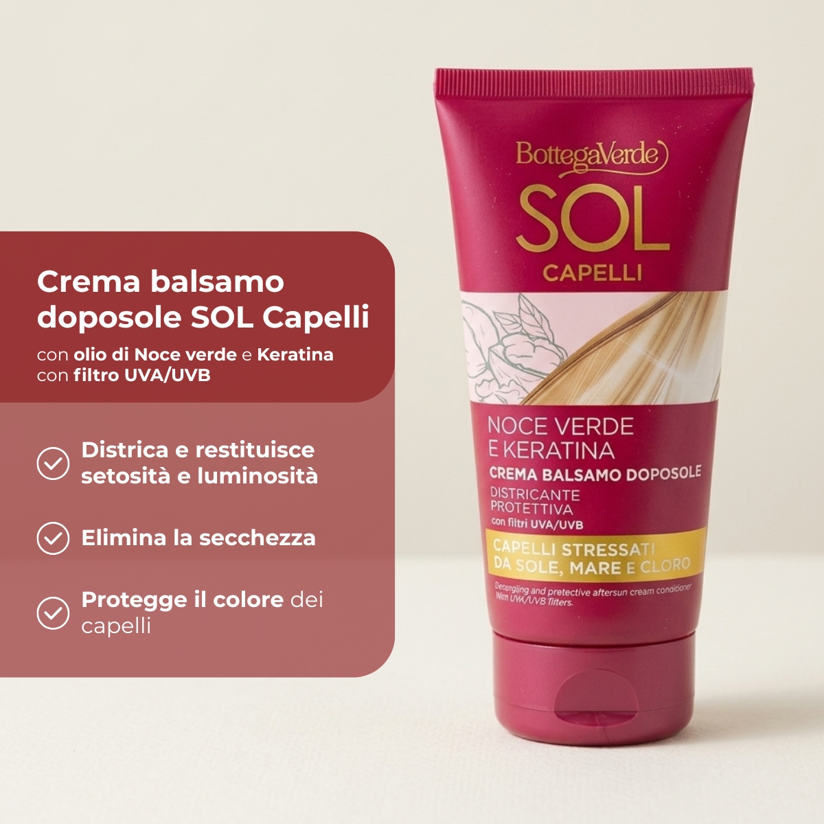 Sol Capelli - Noce verde e Keratina - Crema balsamo doposole - districante protettiva - con olio di Noce verde e Keratina - con filtro UVA/UVB - capelli stressati da sole, mare e cloro