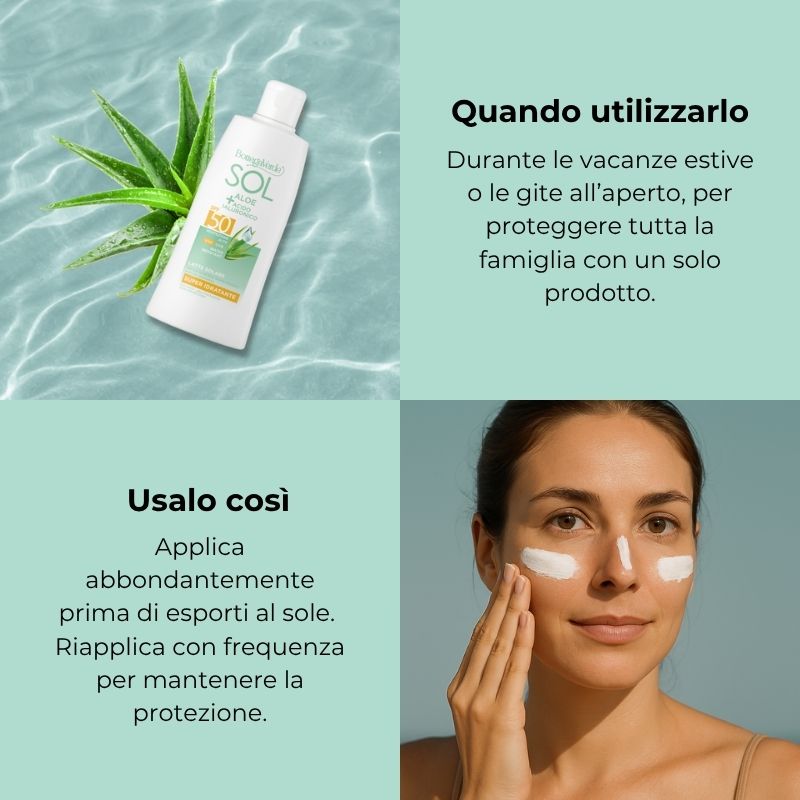 SOL Aloe Acido Ialuronico - Latte solare - super idratante - con succo di Aloe iperfermentato e Acido Ialuronico - protezione alta SPF50 - water resistant
