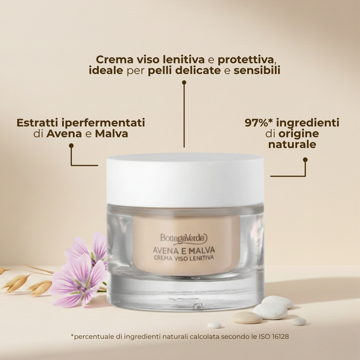 Avena e Malva - Crema viso - ricarica - lenitiva protettiva - con estratti iperfermentati di Avena e Malva - pelli delicate o sensibili