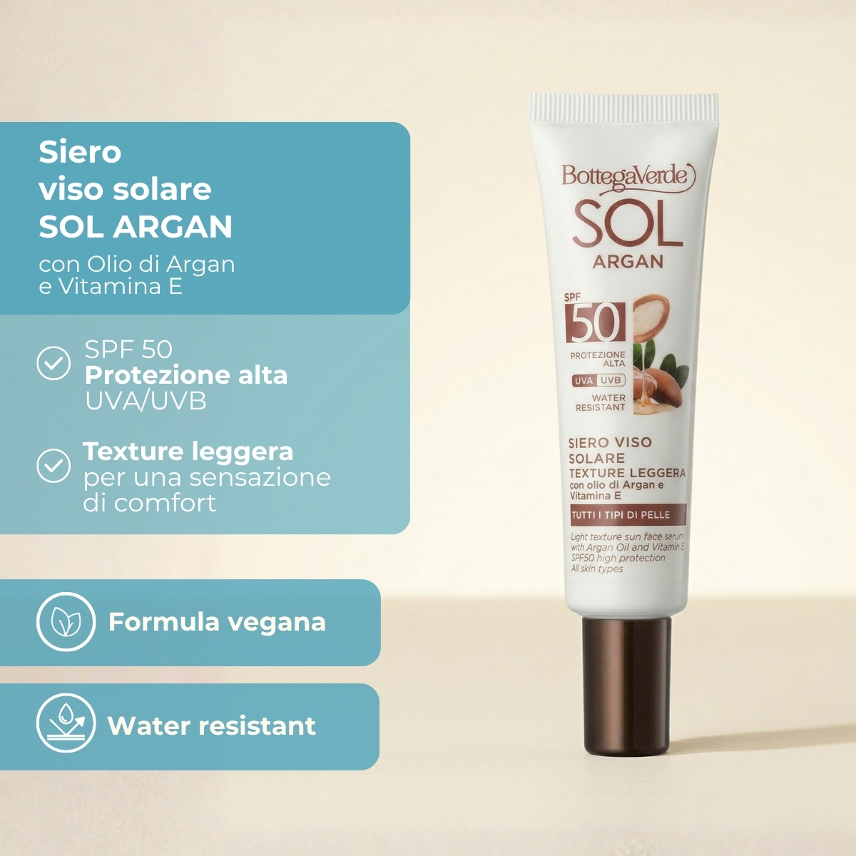 SOL Argan - Siero solare viso - texture leggera - con olio di Argan e Vitamina E - SPF50 protezione alta - water resistant - tutti i tipi di pelle