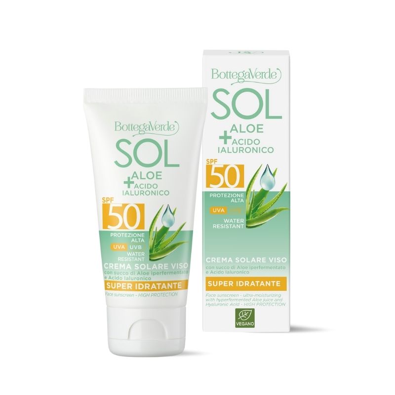 SOL Aloe Acido Ialuronico - Crema solare viso - super idratante - con succo di Aloe iperfermentato e Acido Ialuronico - protezione alta SPF50 - water resistant