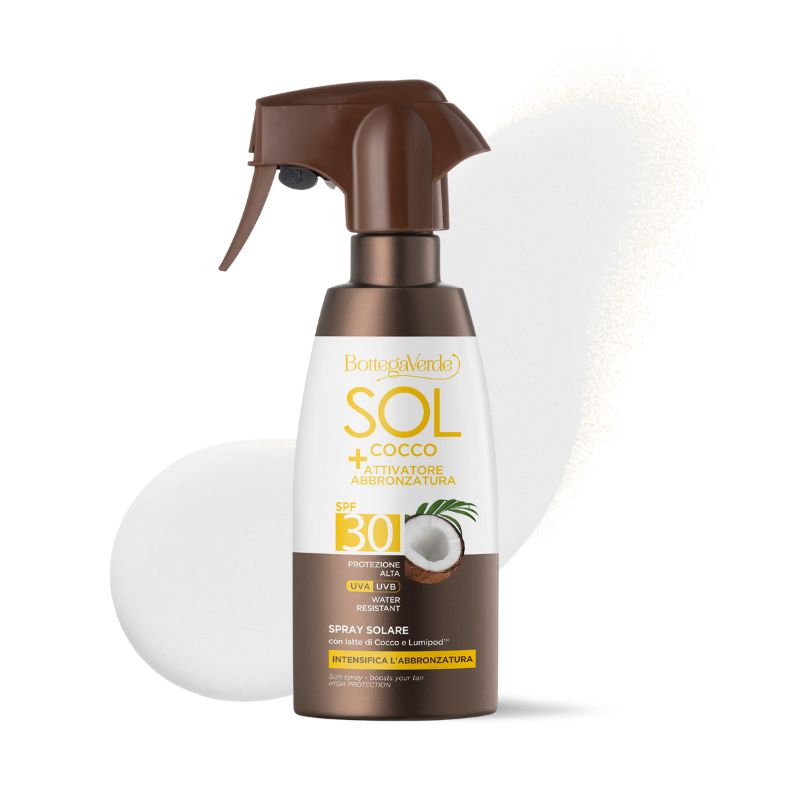 Image of Bottega Verde SOL Cocco + Attivatore di abbronzatura - Spray solare - intensifica l'abbronzatura - con latte di Cocco e Lumipod - water resistant - protezione alta SPF30013