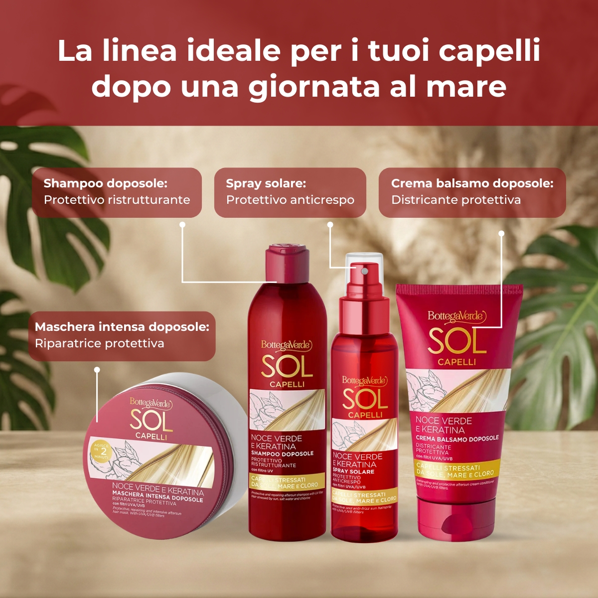 Sol Capelli - Noce verde e Keratina - Crema balsamo doposole - districante protettiva - con olio di Noce verde e Keratina - con filtro UVA/UVB - capelli stressati da sole, mare e cloro