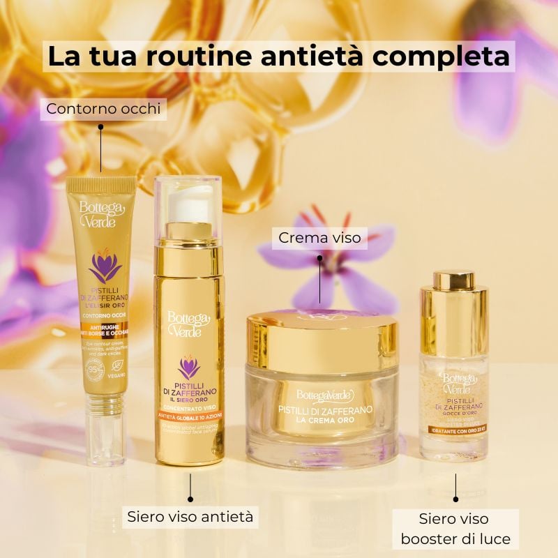 Pistilli di Zafferano - Gocce d'Oro - Siero viso booster di luce - idratante con oro 23 KT - con estratto iperfermentato di Zafferano e Hyaluron complex