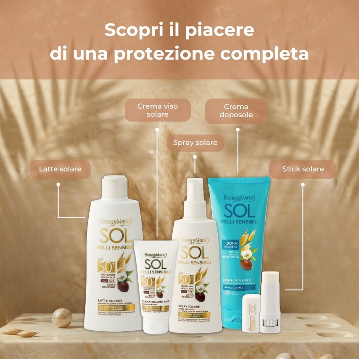 SOL pelli sensibili - Latte solare - protezione specifica per pelli sensibili - con olio di Jojoba e latte di Avena - protezione molto alta SPF50+ - water resistant