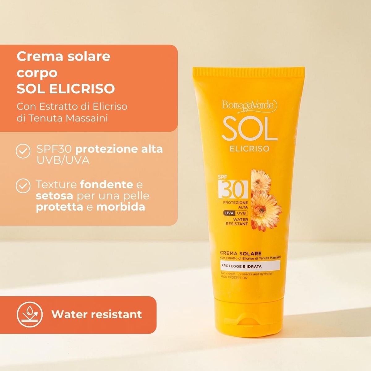 SOL Elicriso - Crema solare - protegge e idrata - con estratto di Elicriso di Tenuta Massaini - protezione alta SPF30 - water resistant
