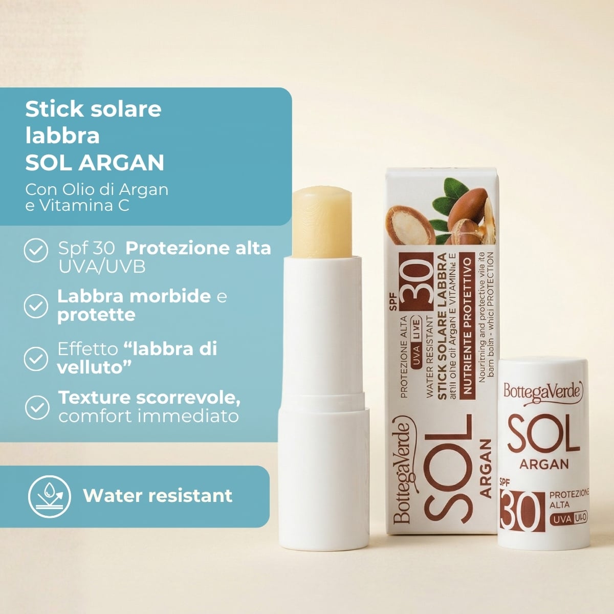 SOL Argan - Stick solare labbra  - nutre e protegge  - con olio di Argan e Vitamina E - protezione alta SPF30 - water resistant