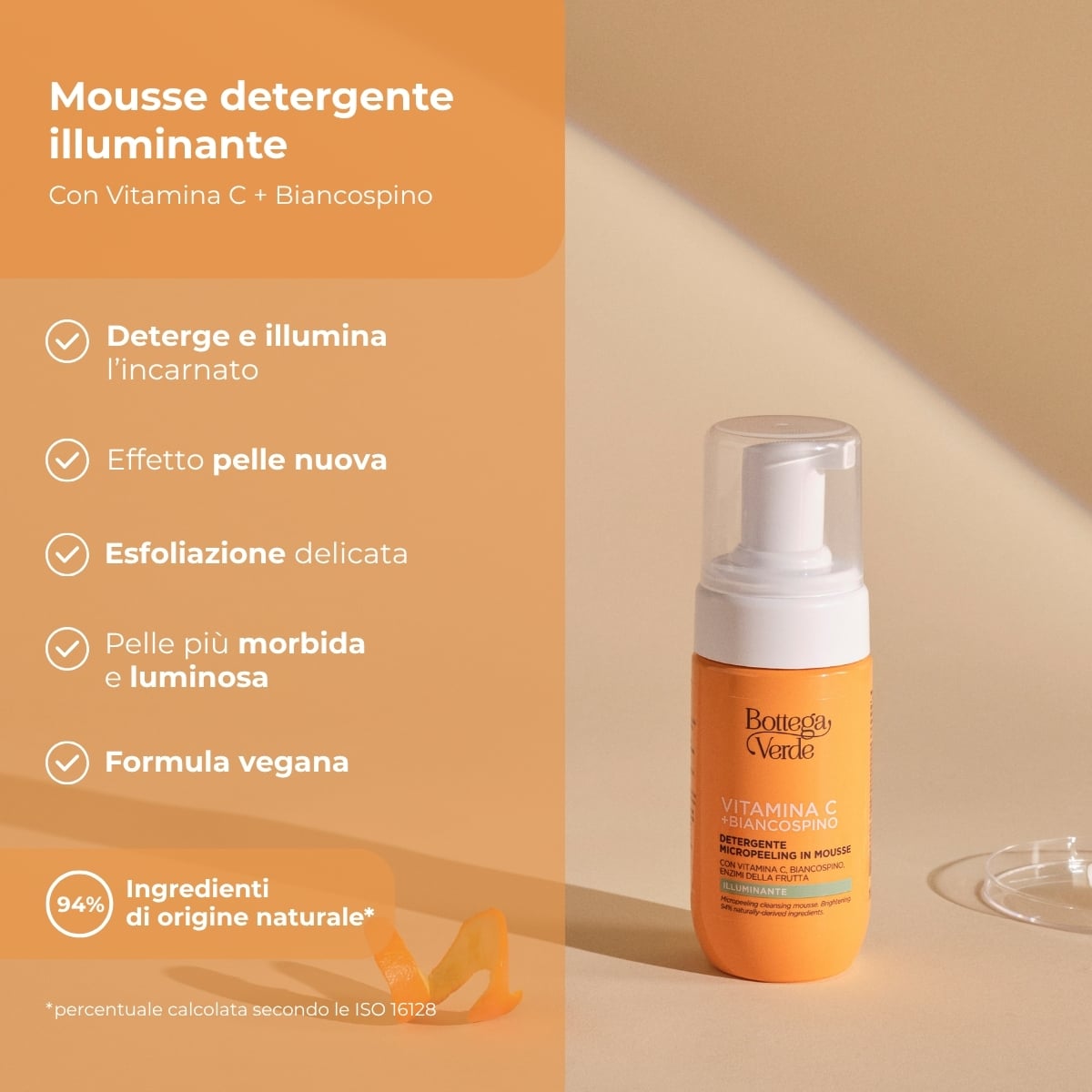Vitamina C + Biancospino - Detergente micropeeling in mousse - con Vitamina C, Biancospino e Enzimi della frutta - illuminante