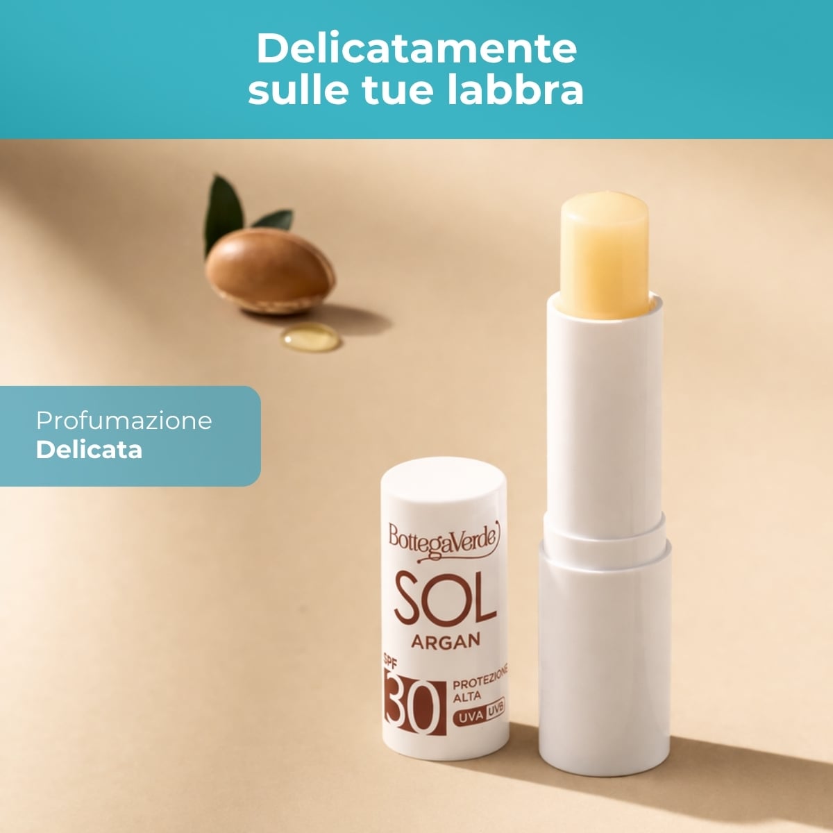 SOL Argan - Stick solare labbra  - nutre e protegge  - con olio di Argan e Vitamina E - protezione alta SPF30 - water resistant