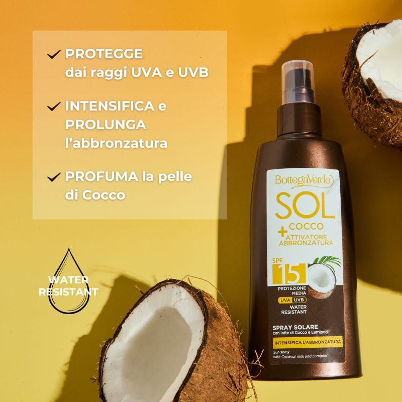 SOL Cocco + Attivatore di abbronzatura - Spray solare - intensifica l'abbronzatura - con latte di Cocco e Lumipod<TM/> - water resistant - protezione media SPF15
