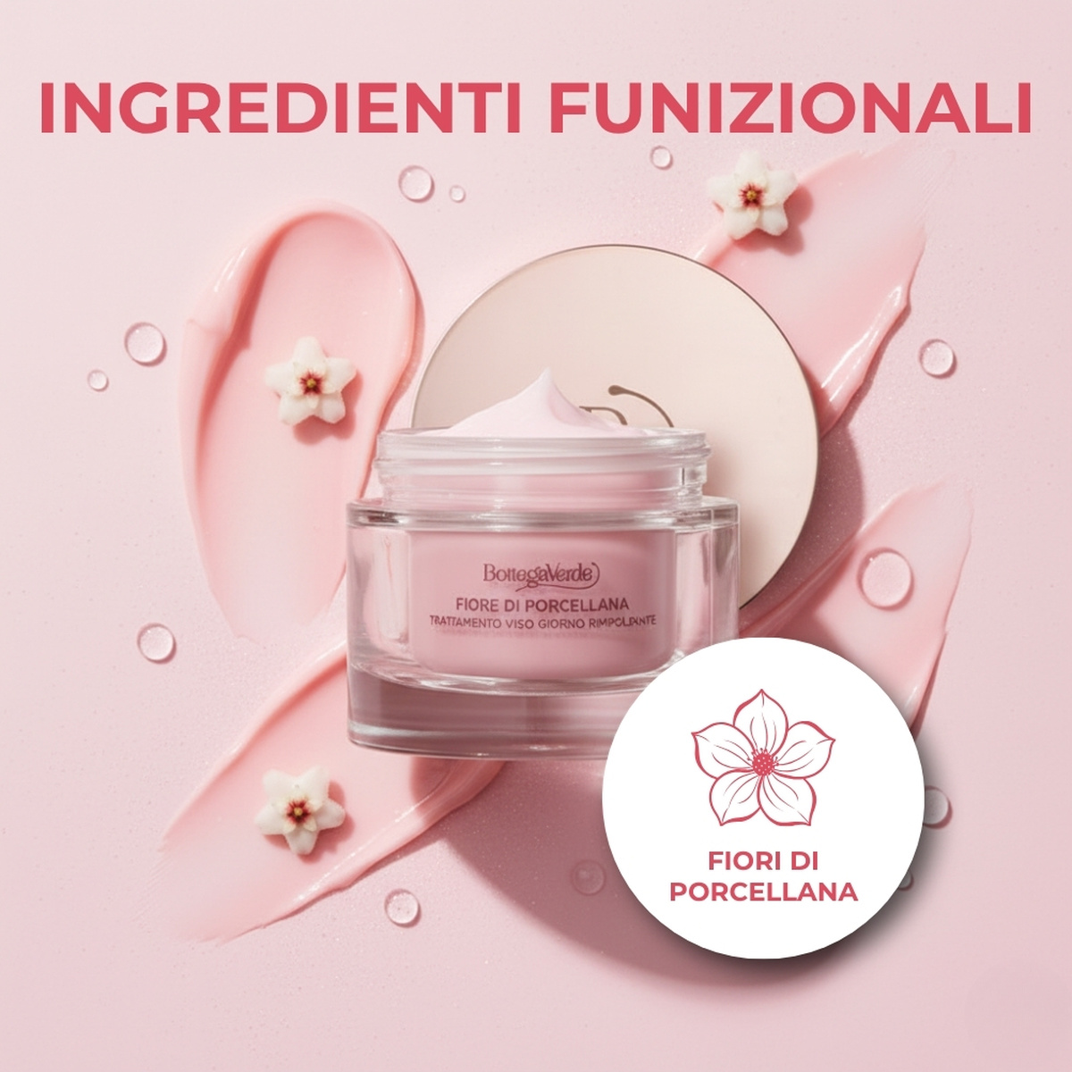 Fiore di Porcellana - Sistema perfezionatore - Trattamento viso giorno - rimpolpante  anti-svuotamento e anti-infragilimento - con pigmenti rosa - con Ceramidi vegetali, Collagene vegetale da Acacia e Fiore di Porcellana - pelli normali o secche