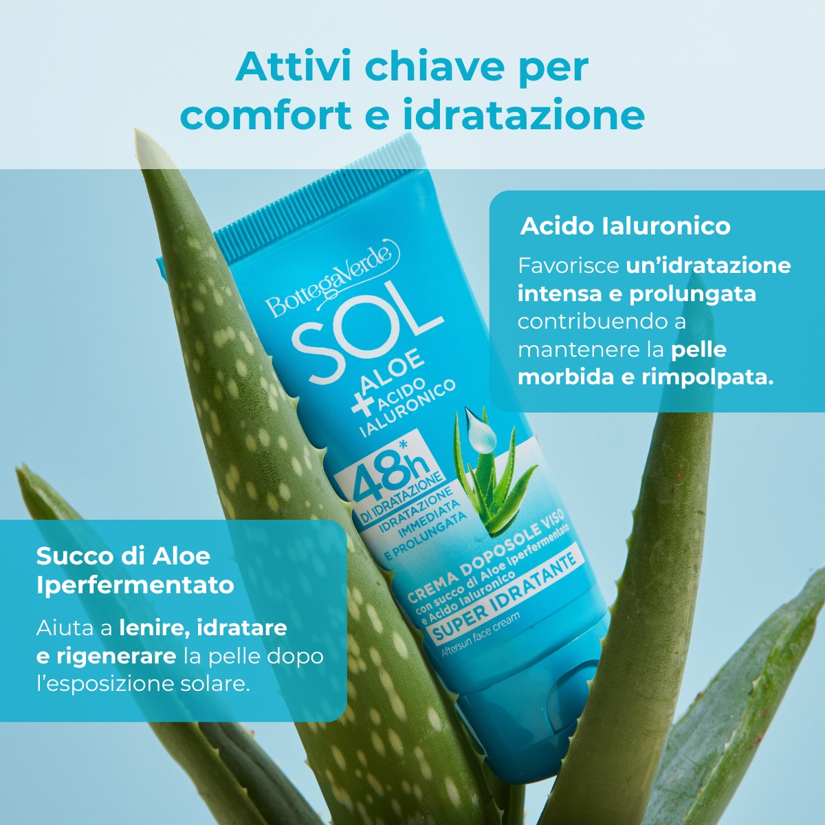 SOL Aloe Acido Ialuronico - Crema doposole viso - super idratante - con succo di Aloe iperfermentato e Acido Ialuronico - 48h* di idratazione - idratazione immediata e prolungata