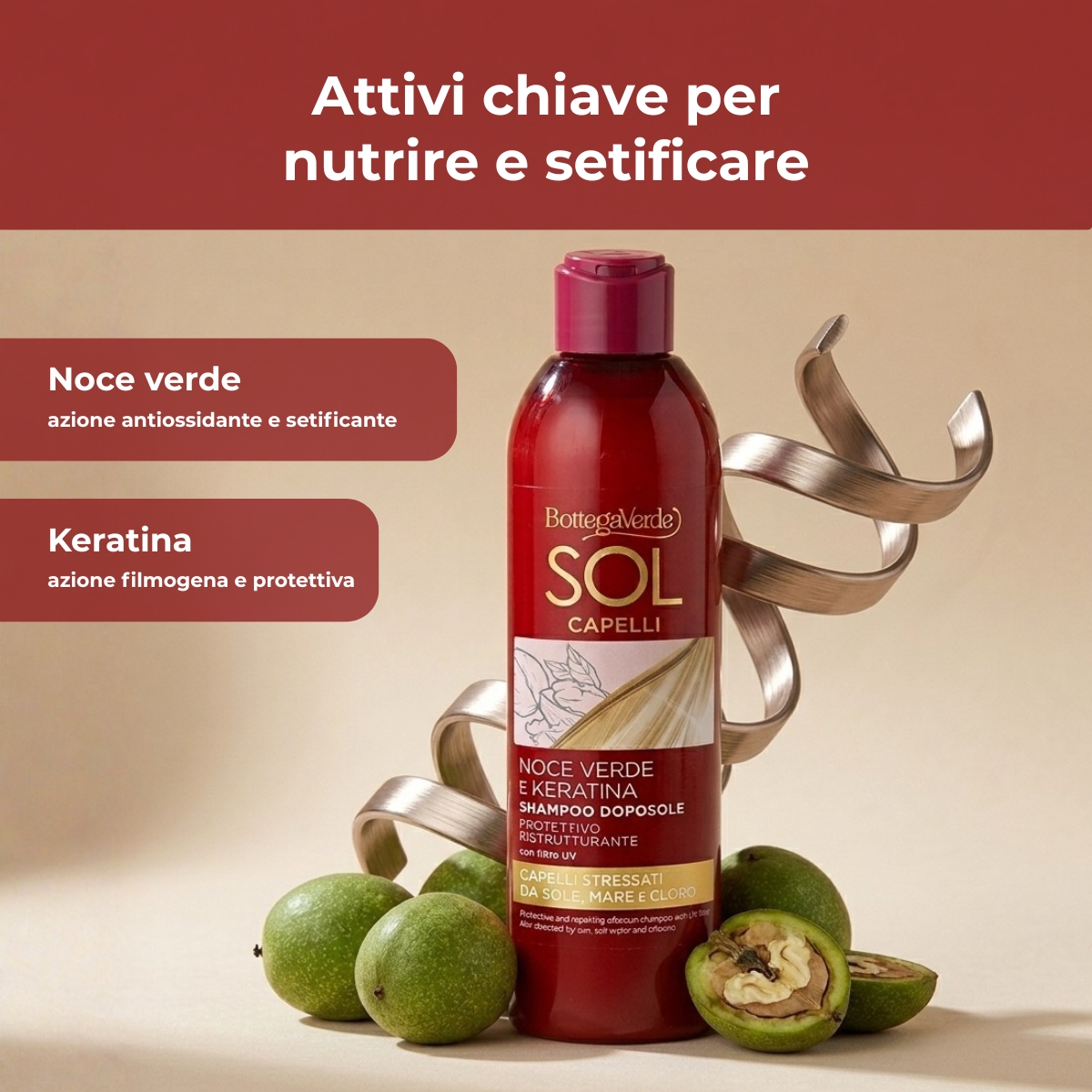 Sol Capelli - Noce verde e Keratina - Shampoo doposole - protettivo ristrutturante - con olio di Noce verde e Keratina - con filtro UV - capelli stressati da sole, mare e cloro