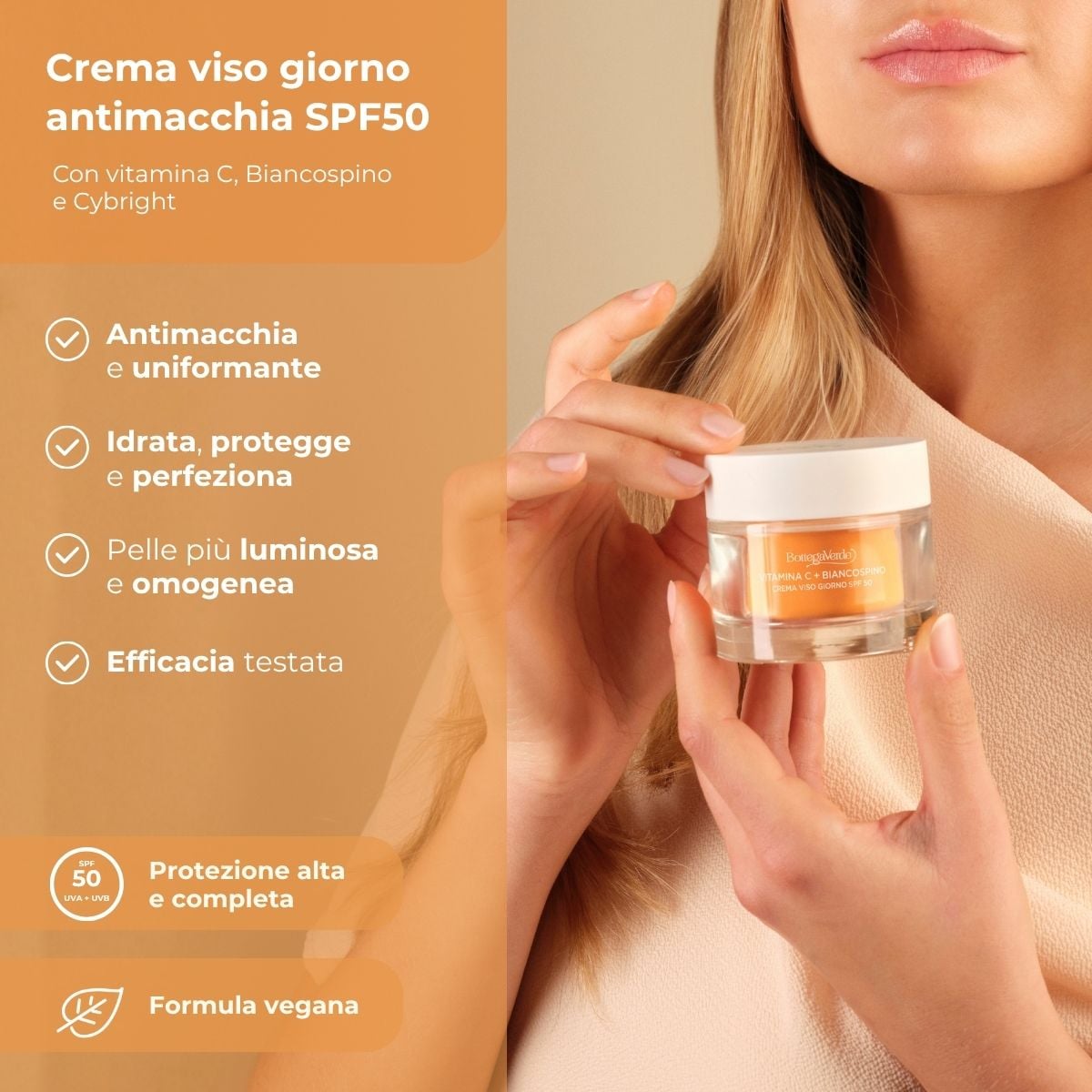 Vitamina C + Biancospino - Crema viso giorno idratante antimacchia SPF50 - con Vitamina C, Biancospino e Cybright - riduce l'intensit&agrave; delle macchie