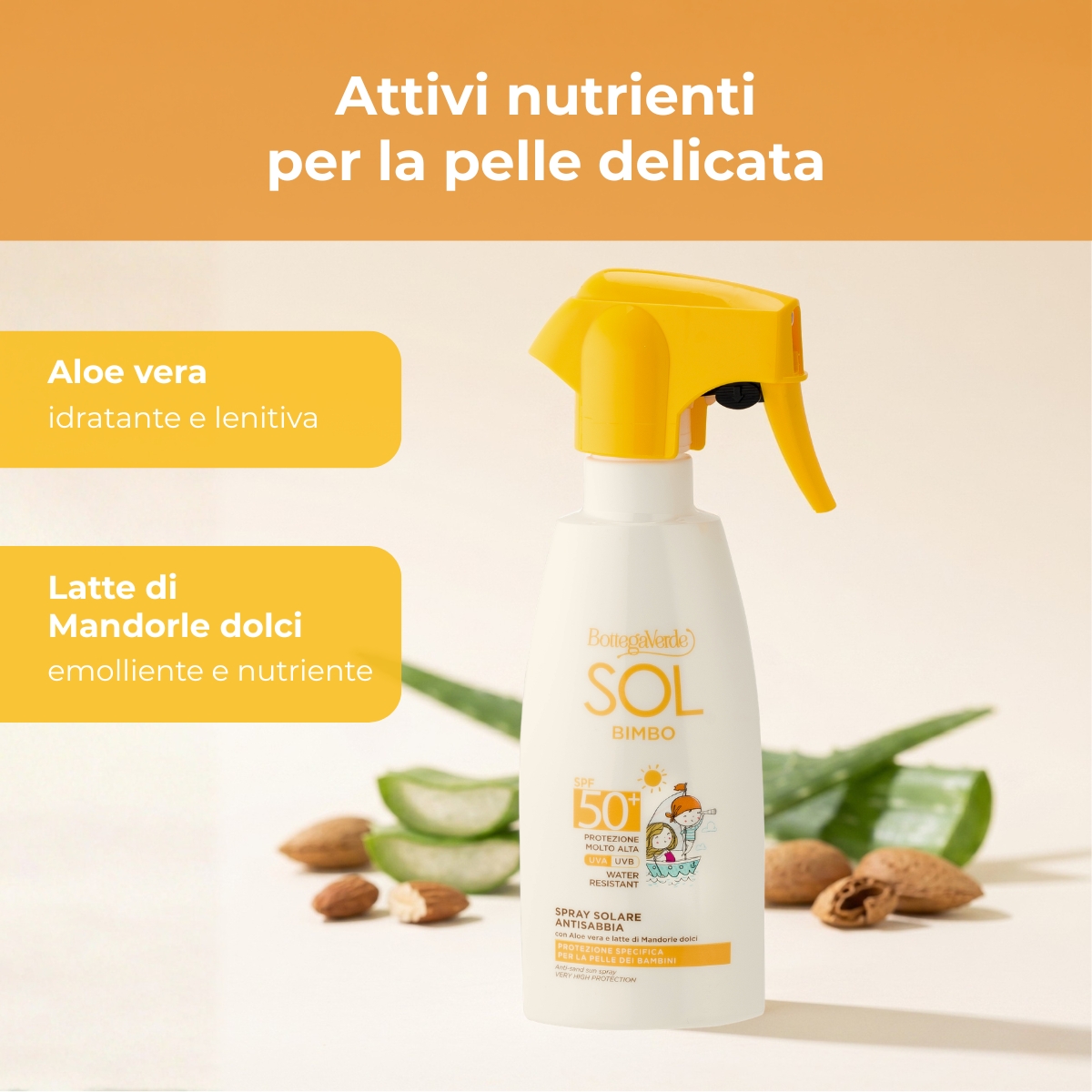 SOL bimbo - Spray solare - antisabbia, resistente all'acqua - con Aloe vera e latte di Mandorle dolci - protezione molto alta SPF50+ (250 ml) - protezione specifica per la pelle dei bambini