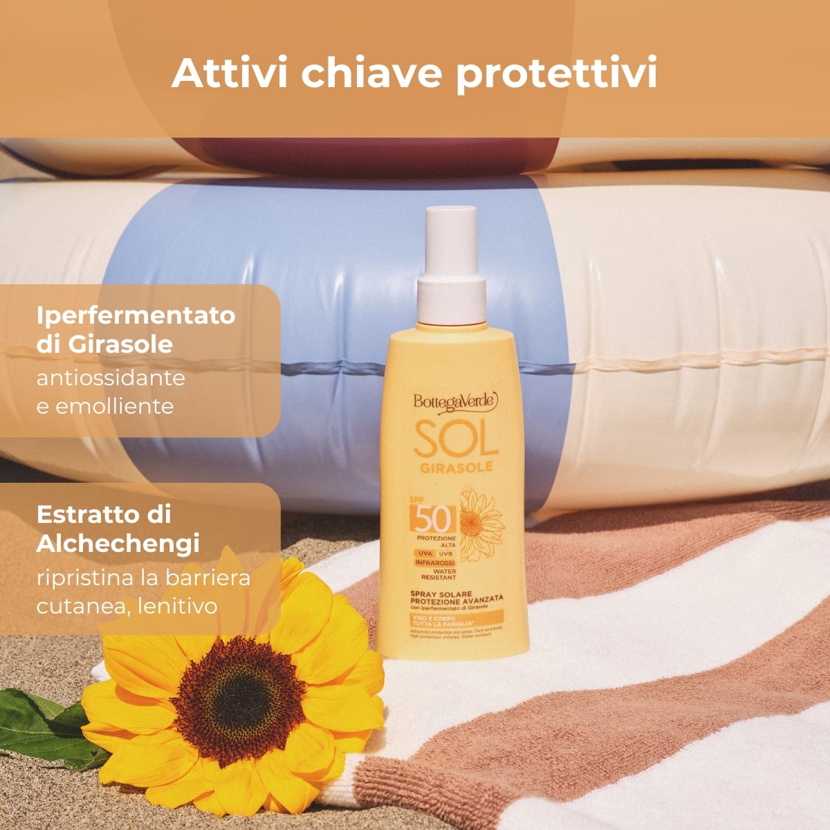 SOL Girasole - Spray solare protezione avanzata - viso e corpo - con iperfermentato di Girasole di Tenuta Bottega Verde - PROTEZIONE  ALTA SPF50 - INFRAROSSI - WATER RESISTANT