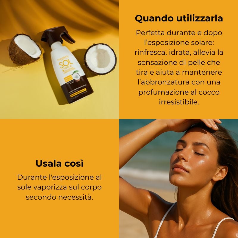 SOL Cocco + Attivatore di abbronzatura - Acqua corpo spray solare - esalta l'abbronzatura - idratante anti-sale - con Latte di Cocco - senza filtro solare