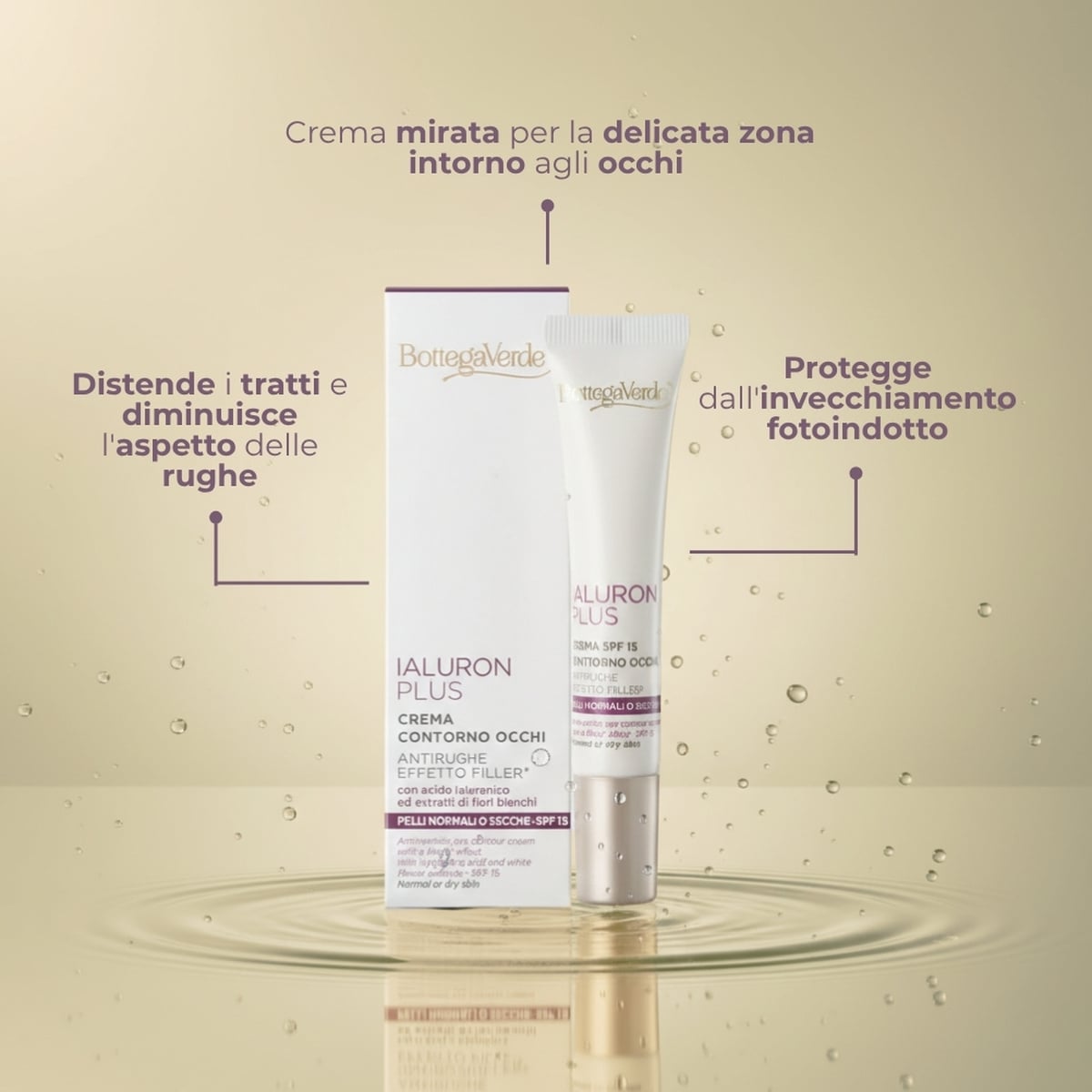 Ialuron Plus - Crema contorno occhi, antirughe, effetto filler *, con acido Ialuronico ed estratti di fiori Bianchi, SPF 15 - pelli normali o secche