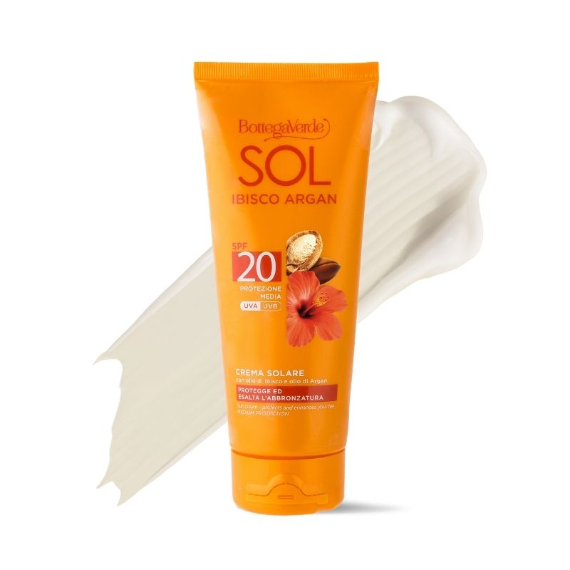 SOL Ibisco Argan - Crema solare - protegge ed esalta l'abbronzatura - con olio di Ibisco e olio di Argan - protezione media SPF20
