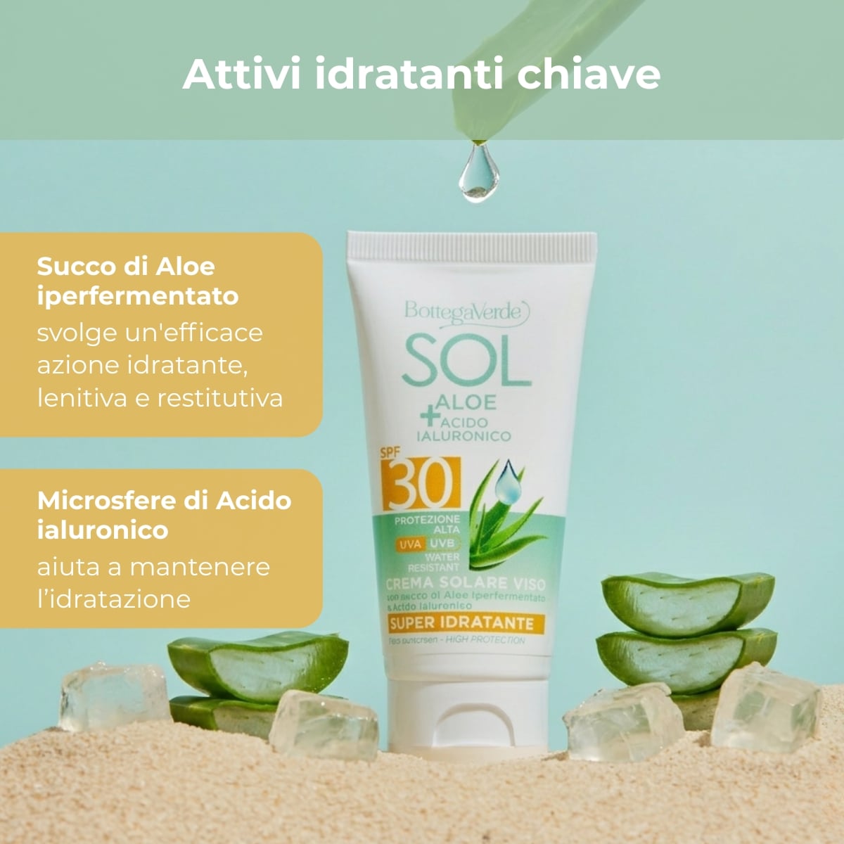 SOL Aloe Acido Ialuronico - Crema solare viso - super idratante - con succo di Aloe iperfermentato e Acido Ialuronico - protezione alta SPF30 - water resistant